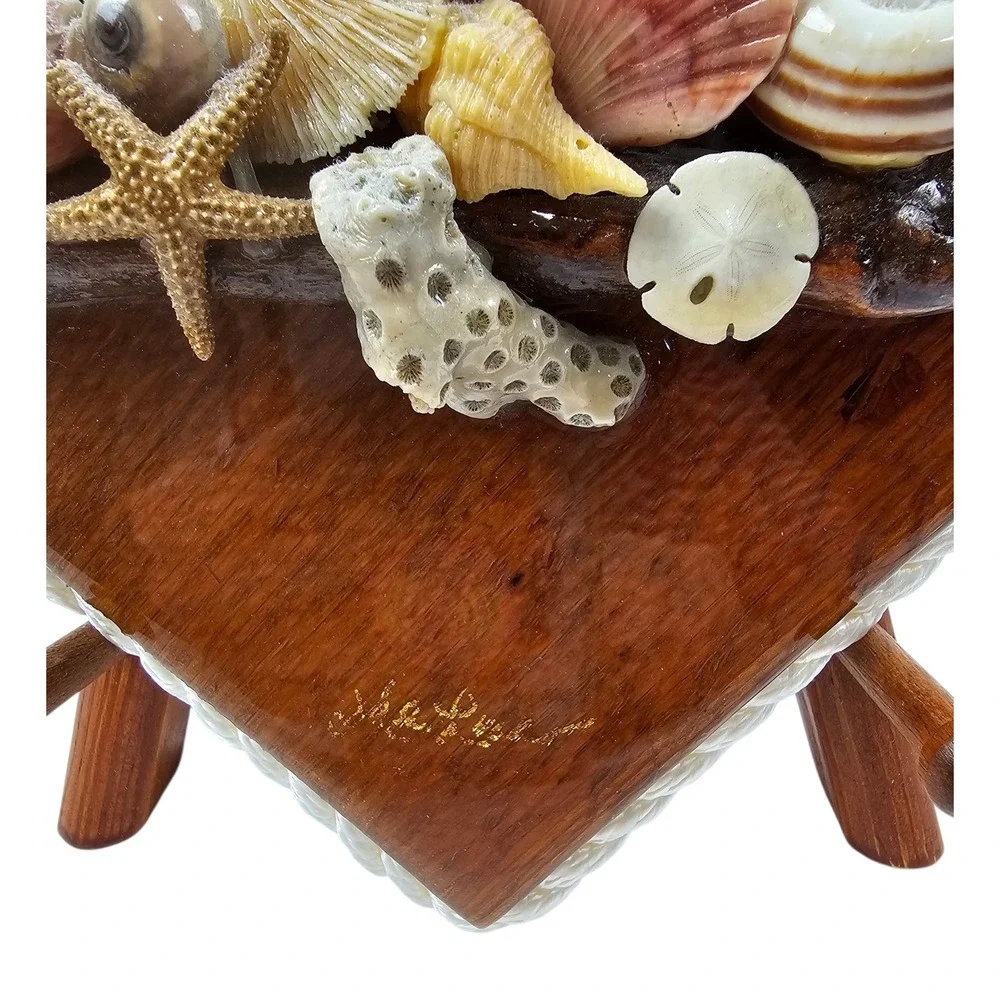 Vintage Signed 3D Seashell Nautical Wood Wall Art Plaque Rope Border 8.5in